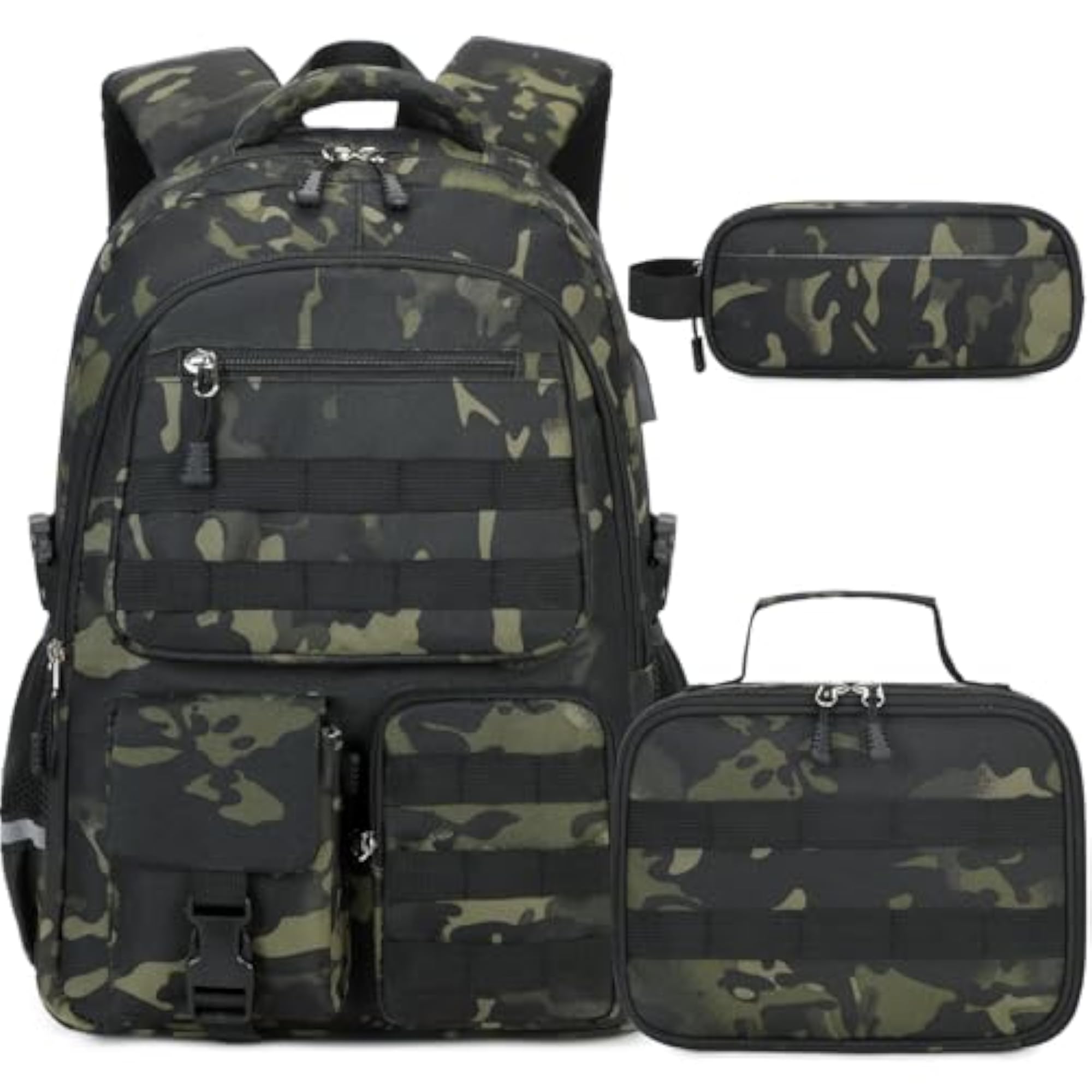 Backpack with Lunch Box & Pencil Case, Black Camo